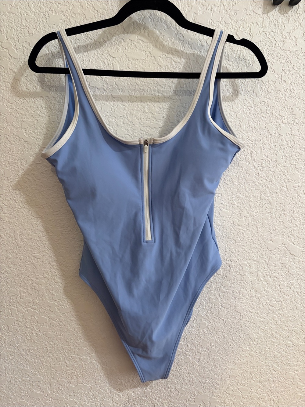 Old Navy Light Blue One-Piece Swimsuit with Front Zip and White Trim